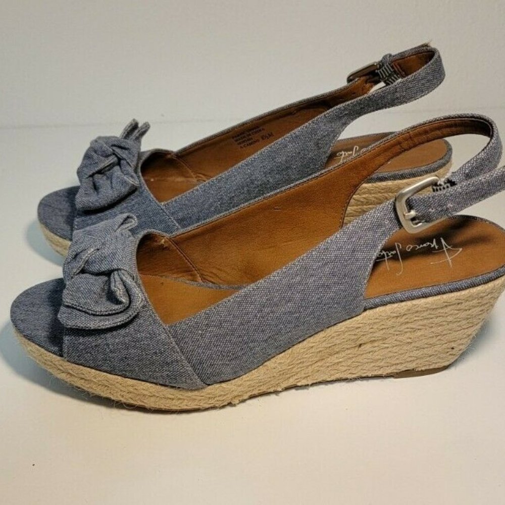 Franco Sarto Camino Blue Denim Espadrille Wedge Sandal Size 8.5 Bow Womens